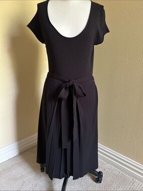 Ann Taylor Black Scoop-Neck Midi Dress with Tie-Waist